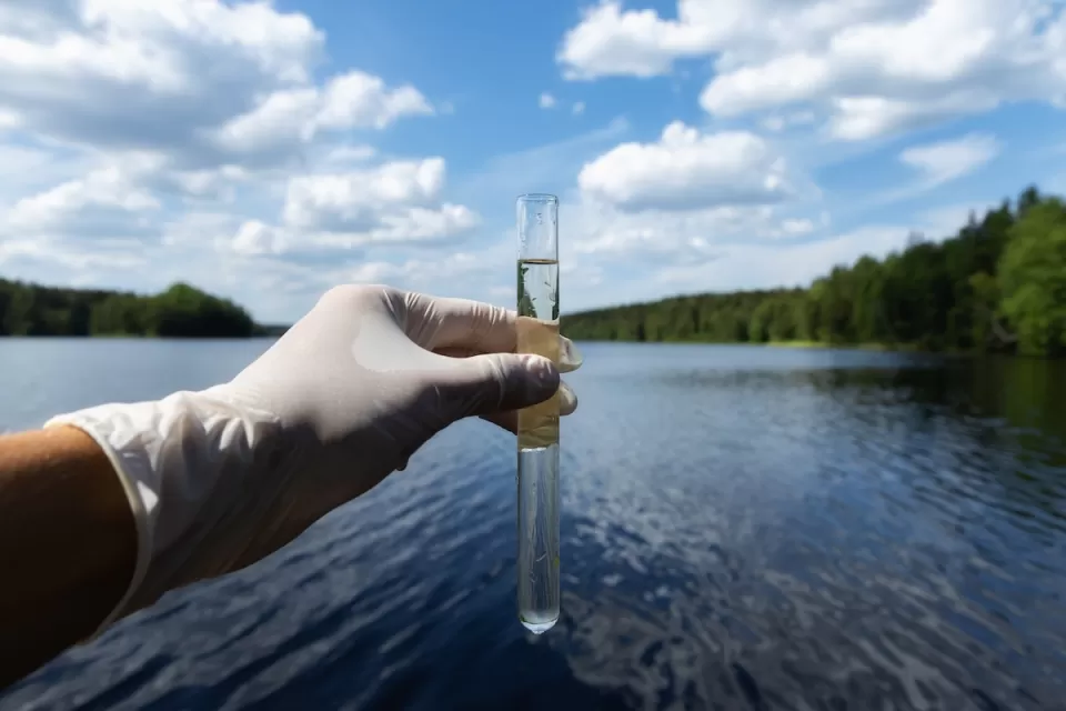 Close-up of hand in white surgical glove holding up clear vial with water sample with lake surrounded by green trees in background.
